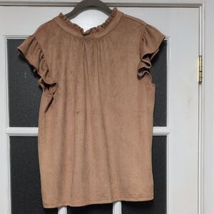 Suede - Caramel Color Ruffled Sleeve Top By Voy